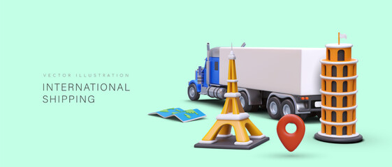 International transportation, shipping. 3D truck, map, geotag, Leaning Tower, Eiffel Tower. Ground express delivery from abroad. Commercial template for transport company