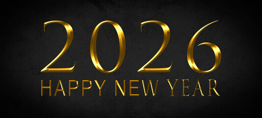 Happy New Year 2026, New Year's Eve holiday greeting card celebration illustration wih text - Golden year number on black concrete chalkboard background