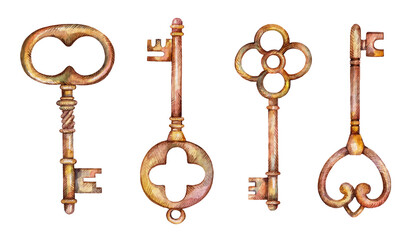 Watercolor collection of retro vintage keys. Hand painted illustration isolated on white background.