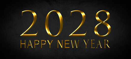 Fototapeta na wymiar Happy New Year 2028, New Year's Eve holiday greeting card celebration illustration wih text - Golden year number on black concrete chalkboard background