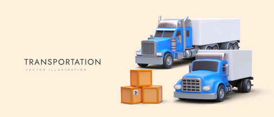 Concept of transportation, cargo delivery, moving. Realistic truck, tractor unit, stack of boxes. Advertising banner of carrier company. Courier services