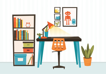 Room for a schoolchild. Cabinet. Cartoon vector illustration. Concept of a workplace for a child.