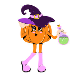 Funny retro cartoon Halloween Pumpkin in witchy hat and poison. Character in groovy Vintage Style. Happy Autumn mascot with cute pumpkin. Trendy retro cartoon style vector illustration.