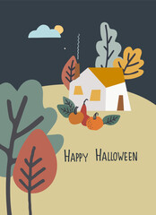 Halloween greeting card. Vector illustration with home and pumpkin and lettering. Hand-lettered greeting phrase