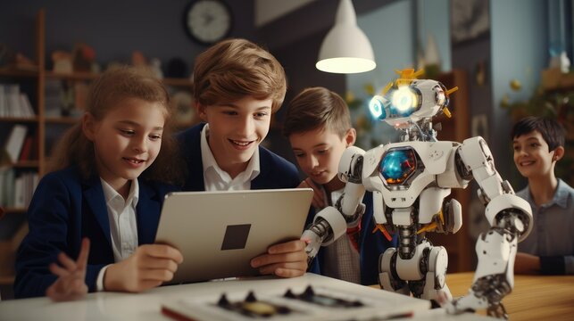 Cheerful schoolkids looking at tablet screen and study the scheme of assembly of robots during collective school work during online lesson- generative AI, fiction Person - Powered by Adobe