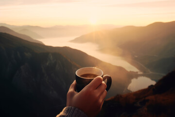Manos con taza de café y paisaje montañoso en el horizonte.  