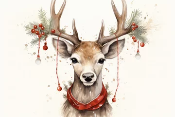 Wallpaper murals Christmas motifs Portrait of a Christmas reindeer with decorations and a Christmas tree