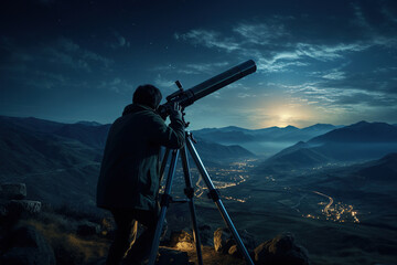 Man looking through a astronomy telescope at the stars at night sky, Milky way galaxy, AI Generative.. - obrazy, fototapety, plakaty