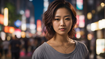 portrait of an Asian woman in her 40s, in a gray shirt behind the background of Tokyo street at night. Bokeh background with lens canon 85mm 1.2