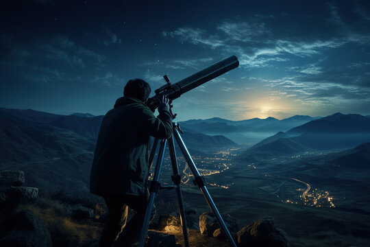 Man looking through a astronomy telescope at the stars at night sky, Milky way galaxy, AI Generative..