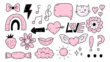 Y2k design elements set. Funny hand drawn emo stickers collection. Pink girlish doodle icons with heart, cat, flower, lips, rainbow. Vector illustration