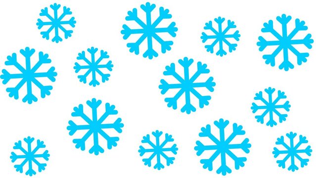 Animated blue big snowflakes are spinning. Christmas motion background with snowfall. Concept of winter. Looped video. Vector illustration isolated on white background. 
