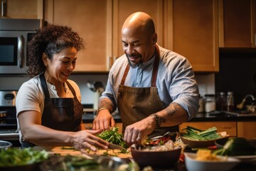 Middle age POC mixed race couple cooking at home