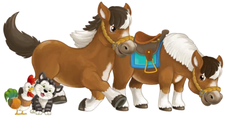 Muurstickers Aap Cartoon happy pair of horses is running jumping smiling and looking with cat and rooster isolated illustration for children