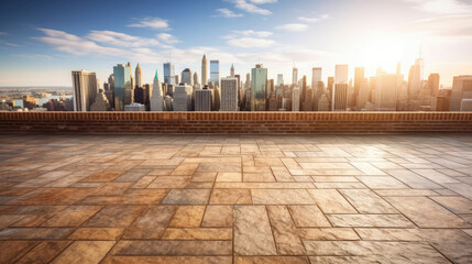 Fototapeta premium Empty brick floor with cityscape and skyline background. Generative Ai