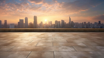 Obraz premium Empty cement floor with cityscape and skyline background. Generative Ai