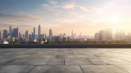 Fototapeta na wymiar Empty cement floor with cityscape and skyline background. Generative Ai