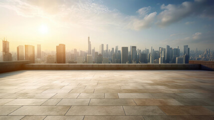 Fototapeta premium Empty cement floor with cityscape and skyline background. Generative Ai