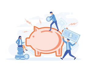 Business, wealth and financial investment concept, people saving money in piggy bank, flat vector modern illustration