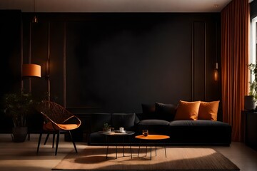 Photo Realism of an Empty Cozy Living Room Wall with Black and Orange Décor