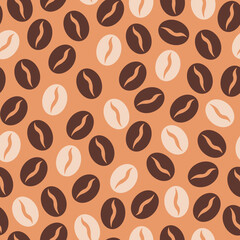 Coffee Beans Seamless Pattern. Warm cozy food and drink seamless background with falling coffee beans on beige for cafe, menu, wrapping paper, kitchen, shop