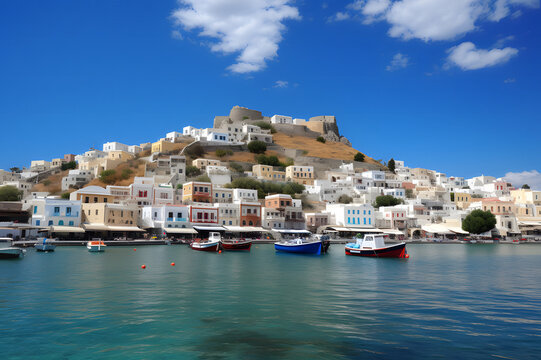 Stunning morning seascape, Greek city landscape with beach. Travel concept background.