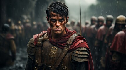 Romans in armour, in the style of cinematic storytelling, dark crimson and bronze, soggy, detailed facial features, handsome - obrazy, fototapety, plakaty