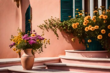 Fototapeta na wymiar Elegant Wildflowers Realistic High-Detail Photograph Against a Blush-Pink Stucco Home