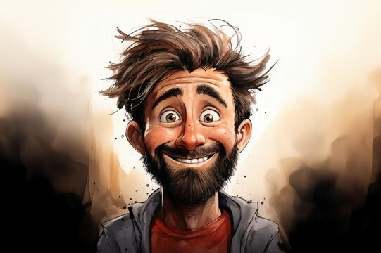 Fr&ouml;hliches Cartoon-Portrait eines Mannes mit Vollbart im mittleren Alter