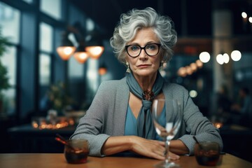 An elderly woman with glasses, who runs a restaurant - obrazy, fototapety, plakaty