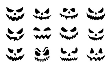 Pumpkin grimace set. Halloween silhouette black smirk face - for cricut, design and decor. Halloween face set. Vector illustration, traditional Halloween decorative element, black smirk silhouette.