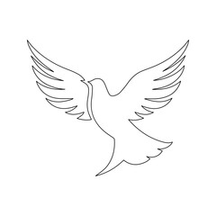 Black pigeon line silhouette, dove of peace. Russian Ukrainian military conflict symbol sign. Dove silhouette. Hand drawn illustration for world peace. Outline bird, isolated on white background.