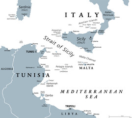 Strait of Sicily, gray political map. Also called Sicilian Channel. Strait, located in the Mediterranean Sea, between Tunisia and Sicily, Italy. With Pantelleria, and the Aegadian and Pelagie Islands. - obrazy, fototapety, plakaty