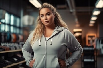 A fat girl is standing in a sportswear store