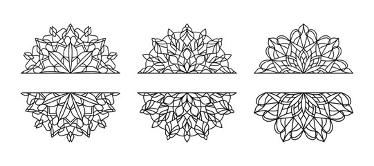 Vector black floral partial mandalas isolated on white background. Set of geometric line flower mandala illustrations. Geometric simple ornaments for adult coloring books, coloring pages, half mandala