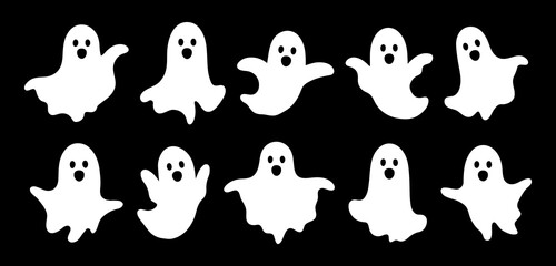 Set scary and funny ghosts with faces, isolated on black background. Vector illustration, traditional Halloween decorative elements. Halloween silhouettes white ghost character - for design decor. - obrazy, fototapety, plakaty