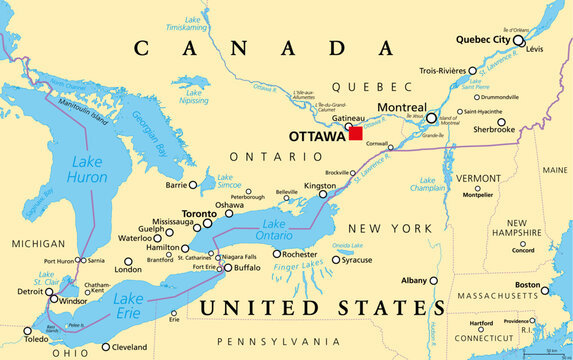 Quebec City Windsor Corridor, political map. Most densely populated and heavily industrialized region of Canada. The region extends between Quebec City in the northeast and Windsor, Ontario. Vector.