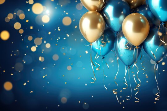Bright flying helium gold balloons with a confetti blue background