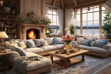 cozy warm home interior of a chic country house with an open plan, wood finishes, warm colors and a family hearth. view of the recreation area for family and guests