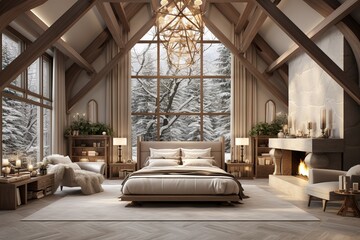 Beautiful furnished master bedroom interior in luxury home . Features vaulted ceiling with wood beams and chandelier