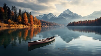 Fototapeta premium Tranquil Mountain Lake with Canoe Floating on the Surface beautiful landscape photo