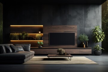 Modern dark home interior background, wall mock up,