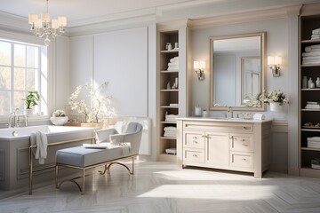 Master bathroom in new luxury home with double vanity and view of walk-in closet