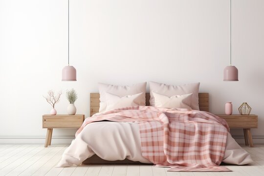 Light, cute and cozy home bedroom interior with unmade bed, pink plaid and cushions on empty white wall background