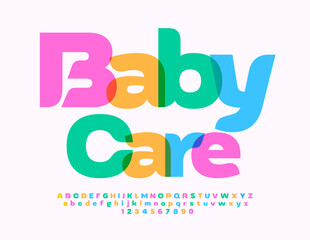 Vector creative Emblem Baby Care.  Kids Watercolor Font. Bright Alphabet Letters, Numbers and Symbols