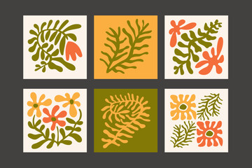 Fototapeta na wymiar Modern abstract botanical vector arts. Matisse inspired floral collection with hand drawn wavy flowers and leaves. Groovy botany elements with abstract shapes.