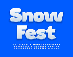 Vector bright flyer Snow Fest. Stylish White 3D Font. Trendy Alphabet Letters and Numbers set.