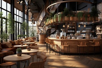 Fototapeta premium Wooden and gray coffee shop interior