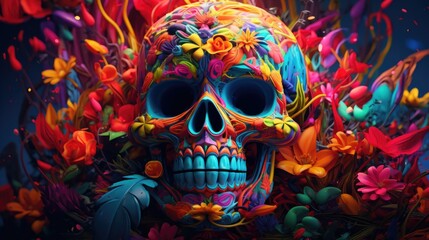 Fototapeta na wymiar Psychedelic Floral art of a skull with vibrant colours