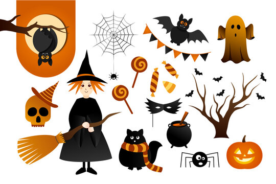 Halloween Elements Set - Pumpkin, Spider, Spider's Web, Skull, Witch, Witch Broom, Black Cat, Ghost, Bat, Poison Pot, Candy, Mask,